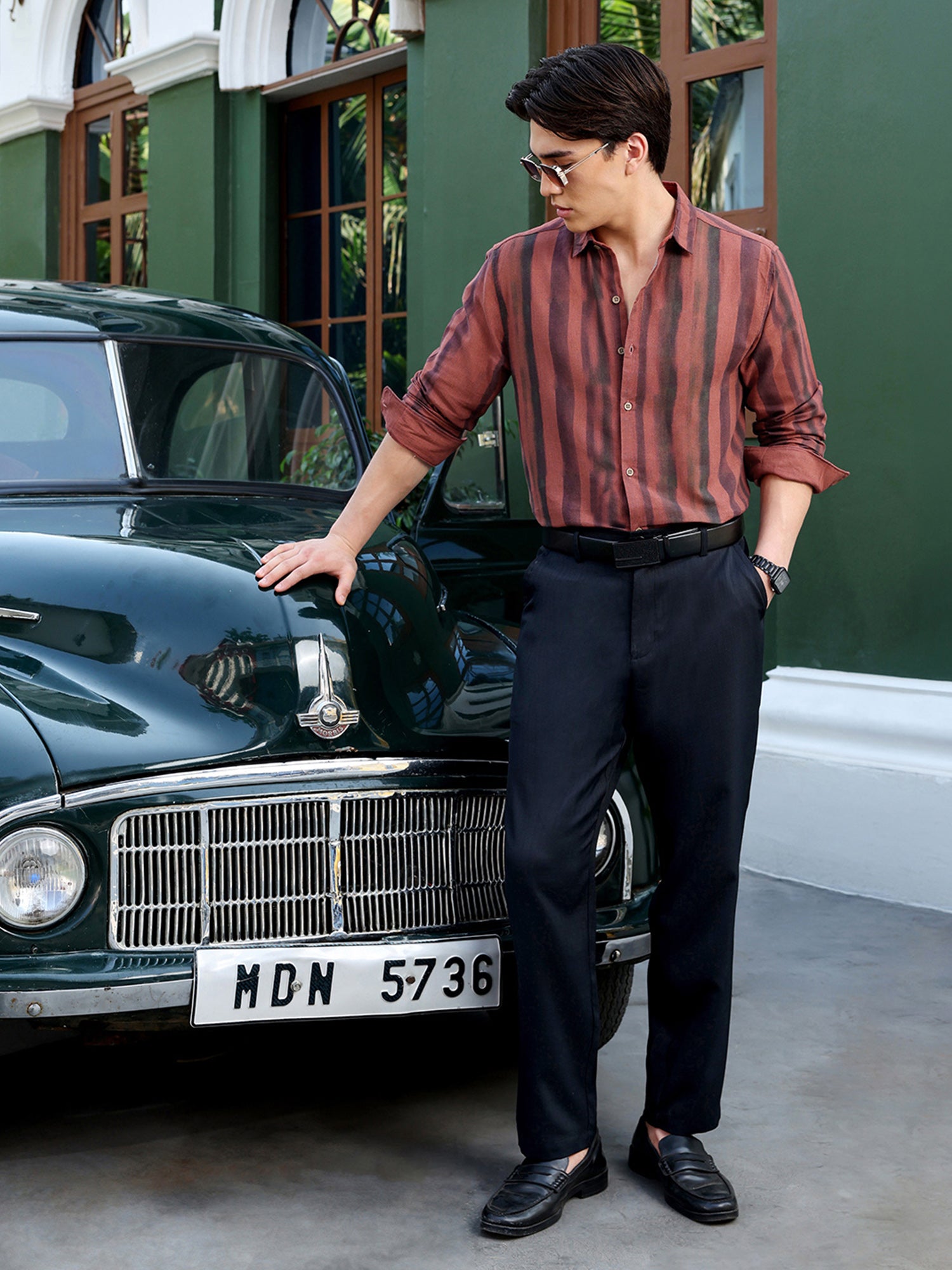 Men Rust Textured Striped Shirt