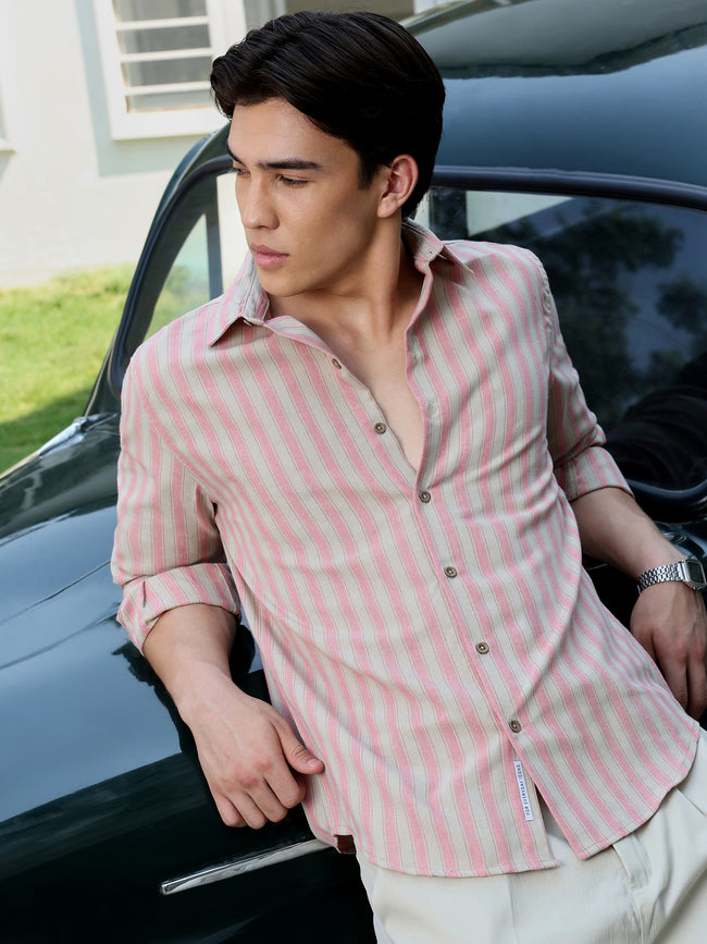 Men Peach Yarn Dyed Striped Shirt