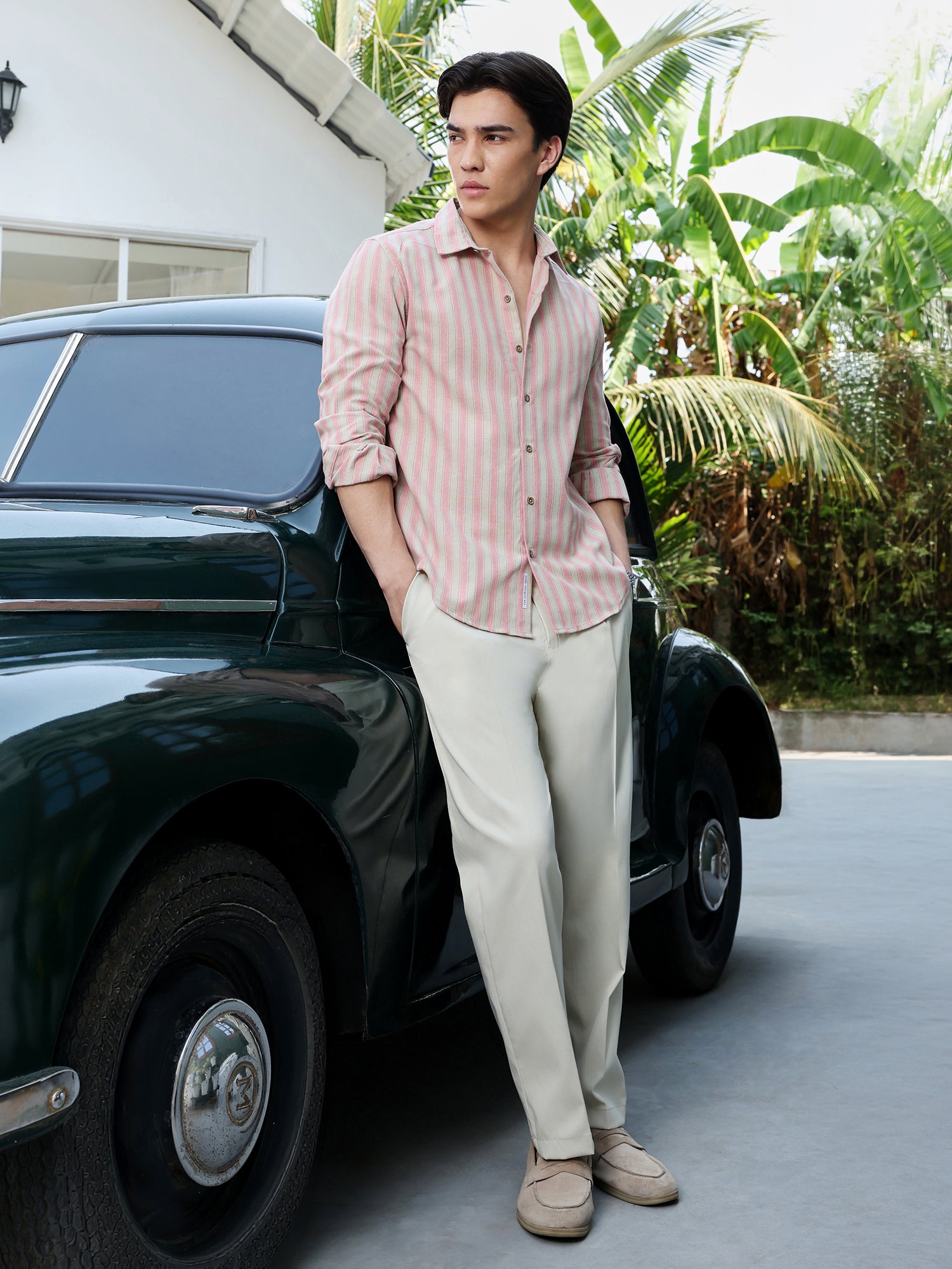 Men Peach Yarn Dyed Striped Shirt