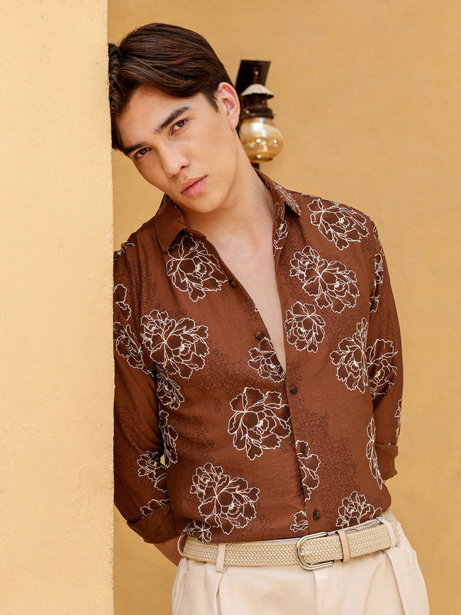 Men Brown Floral Print Shirt