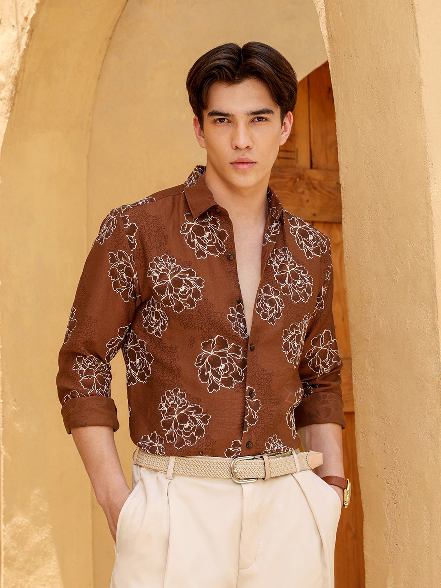 Men Brown Floral Print Shirt
