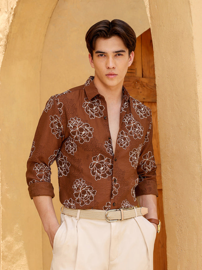 Men Brown Floral Print Shirt