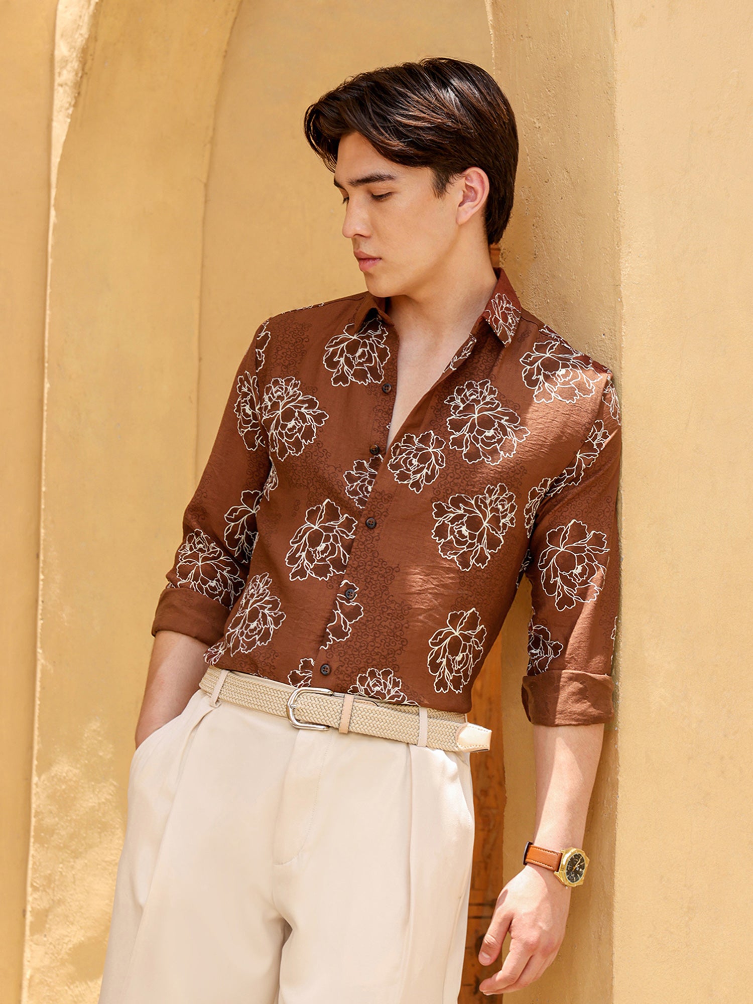 Men Brown Floral Print Shirt