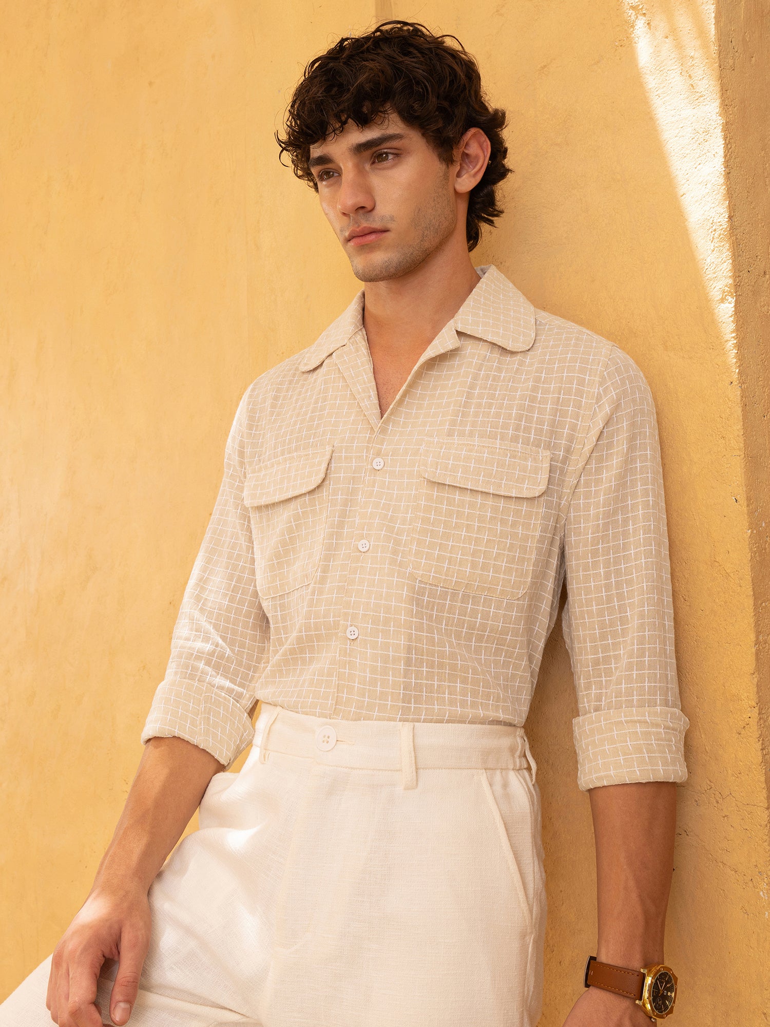 Men Beige Double Cloth Shirt