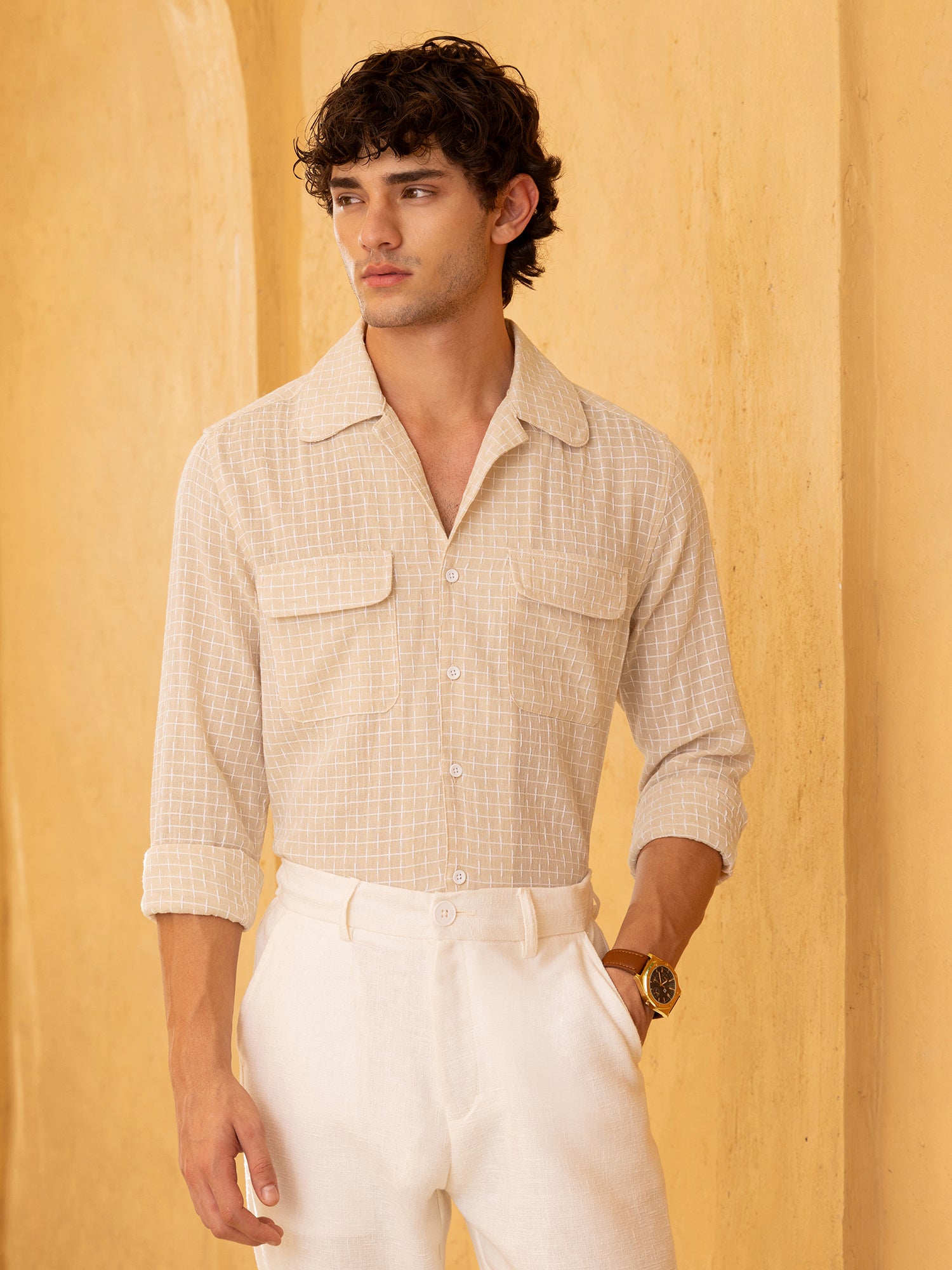 Men Beige Double Cloth Shirt