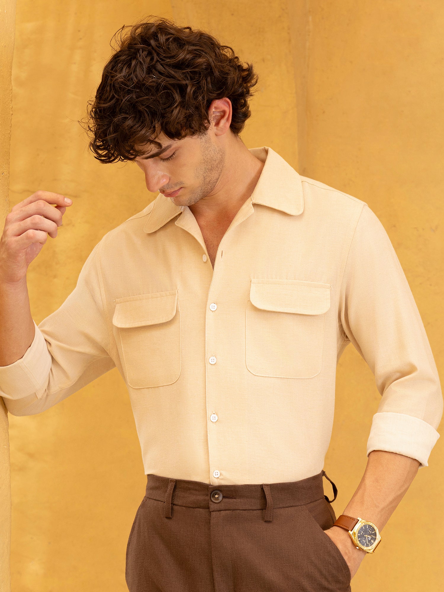 Men Beige Flap pocket Shirt
