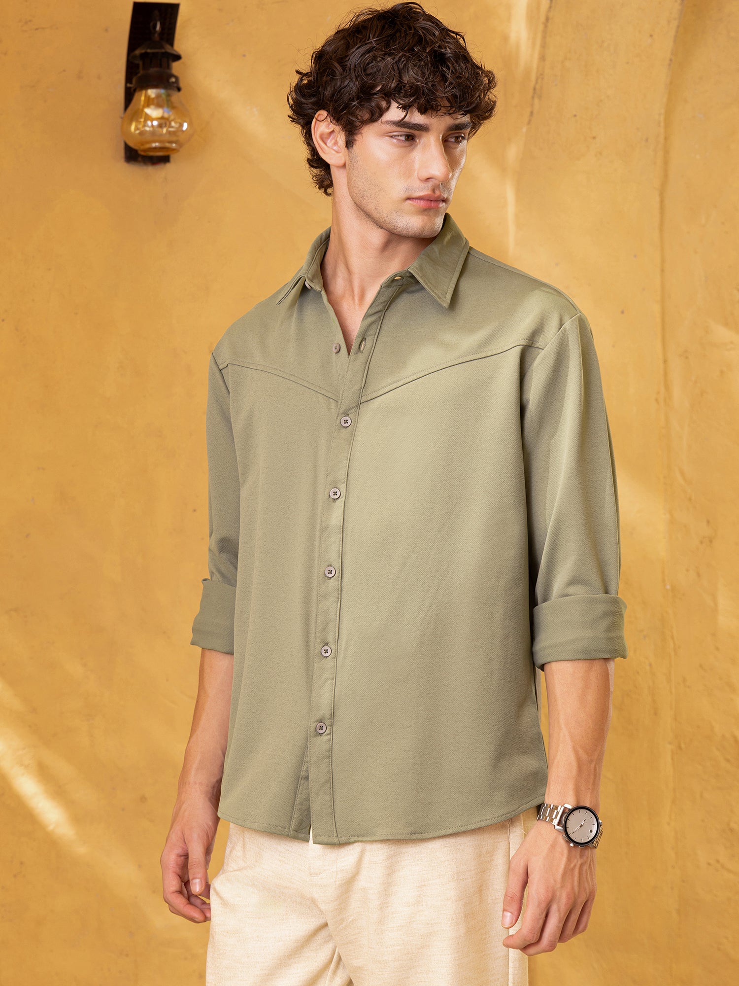 Men Olive Solid Oversized Shirt
