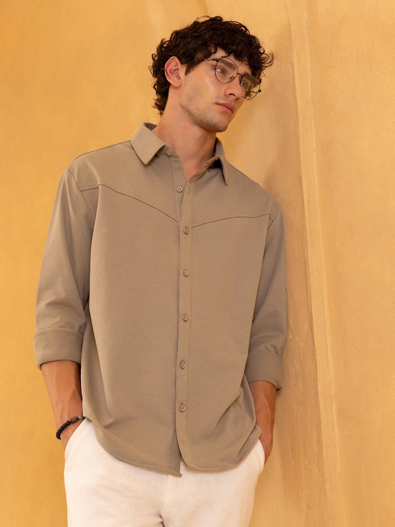 Men Khaki Solid Casual Shirt