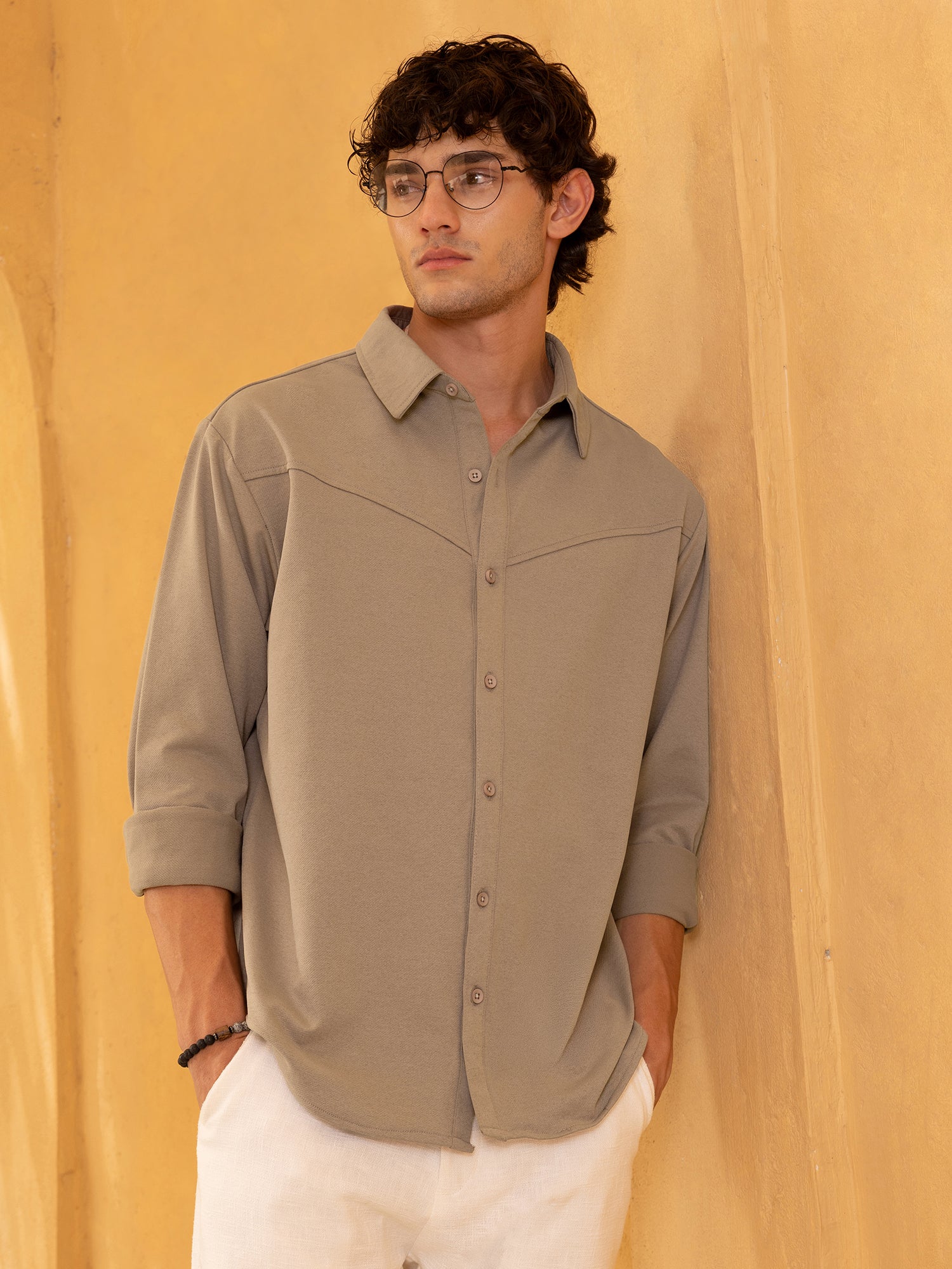 Men Khaki Solid Casual Shirt
