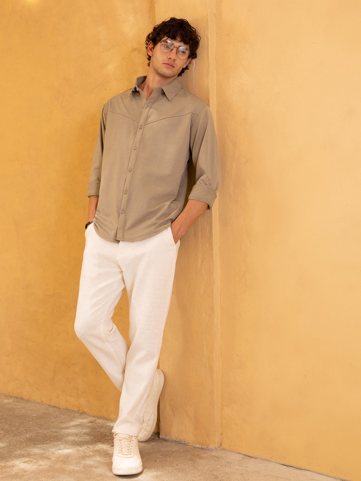 Men Khaki Solid Casual Shirt