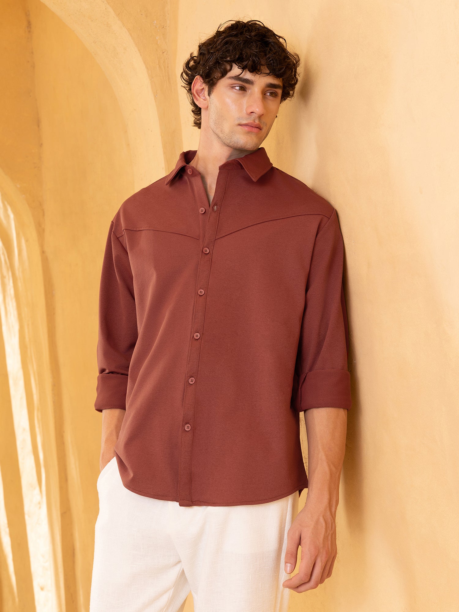 Men Rust Solid Casual Shirt