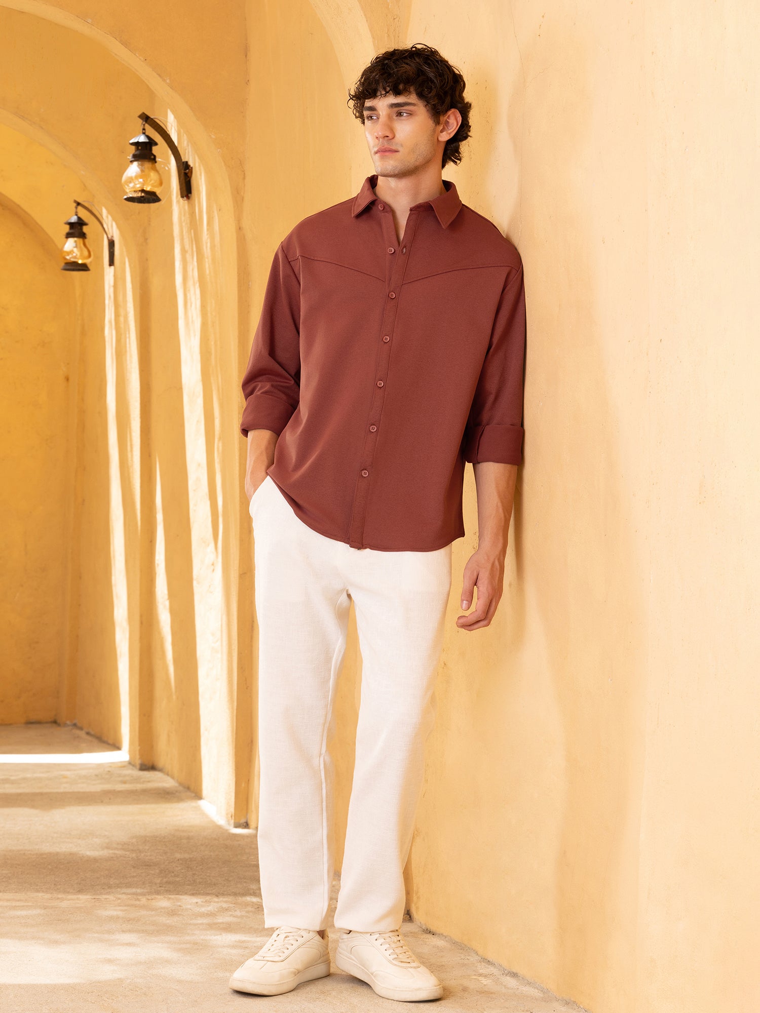 Men Rust Solid Casual Shirt