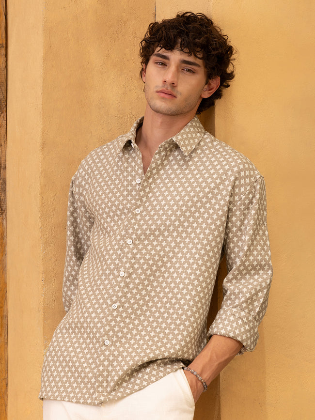 Men Beige Yarn dyed jacquard Shirt