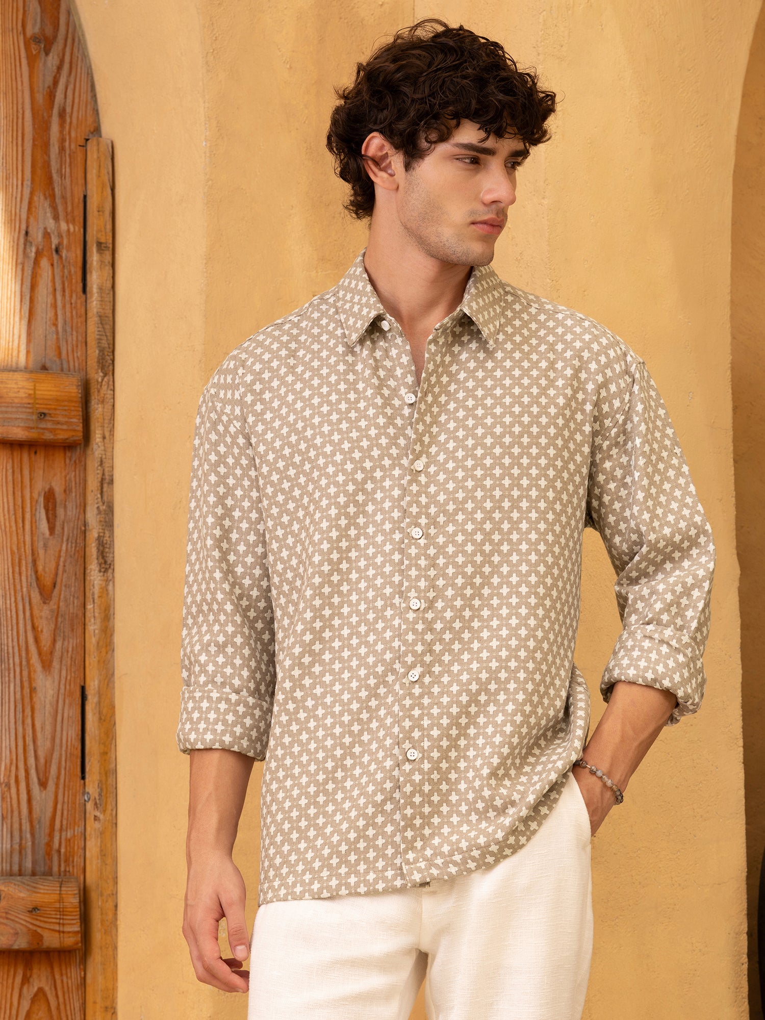 Men Beige Yarn dyed jacquard Shirt