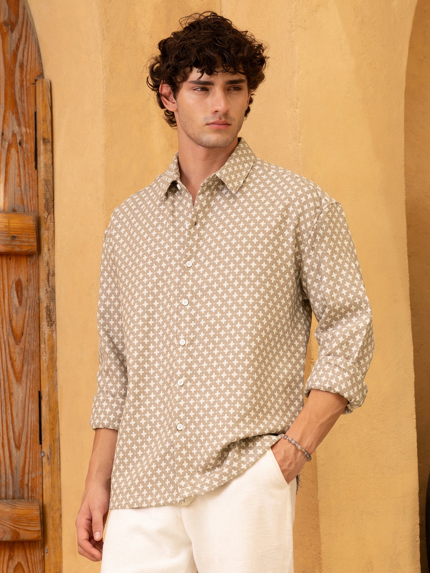 Men Beige Yarn dyed jacquard Shirt