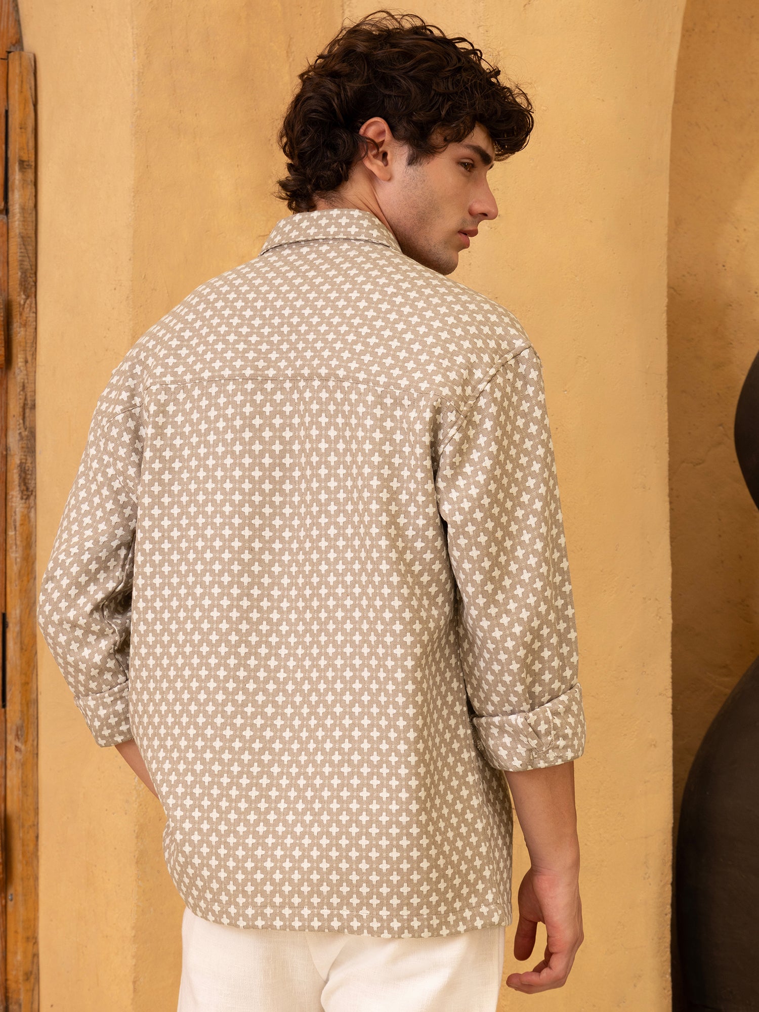 Men Beige Yarn dyed jacquard Shirt