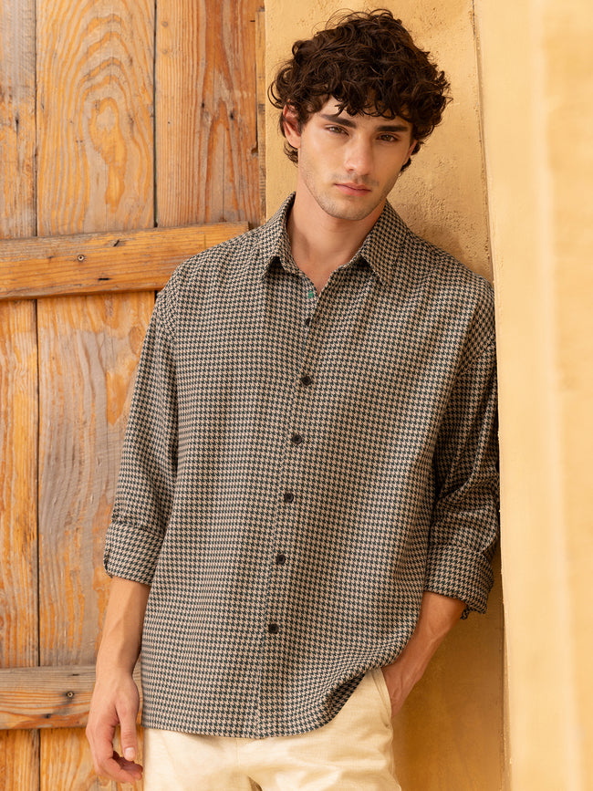 Men Beige Houndstooth Oversized Shirt
