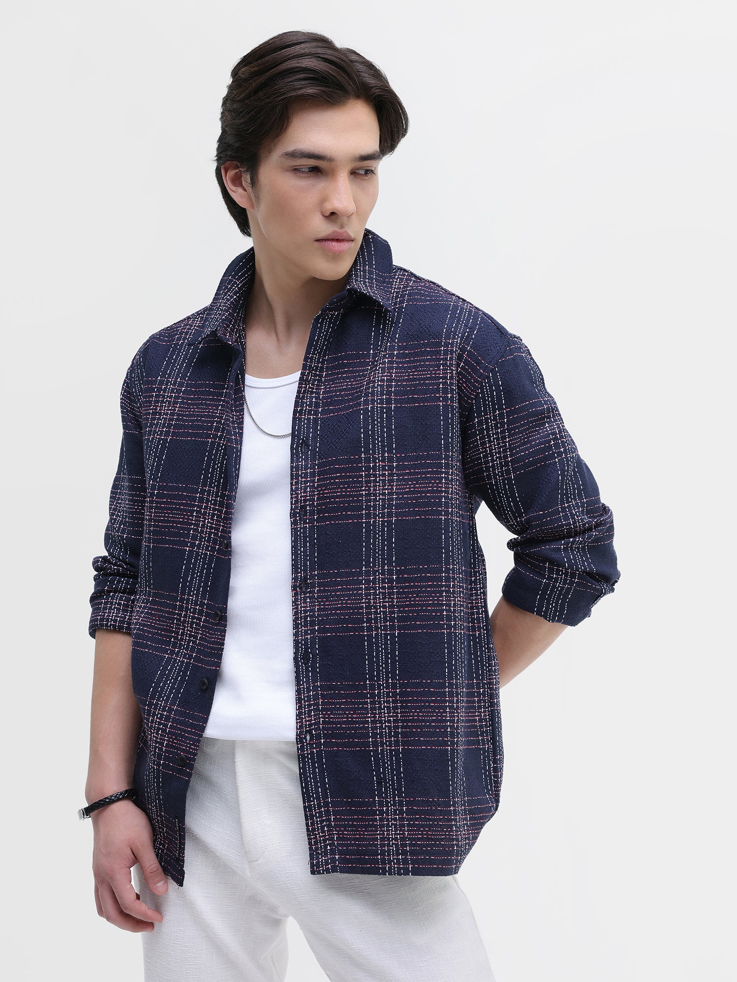 Men Navy Yarn Dyed Oversized Shirt