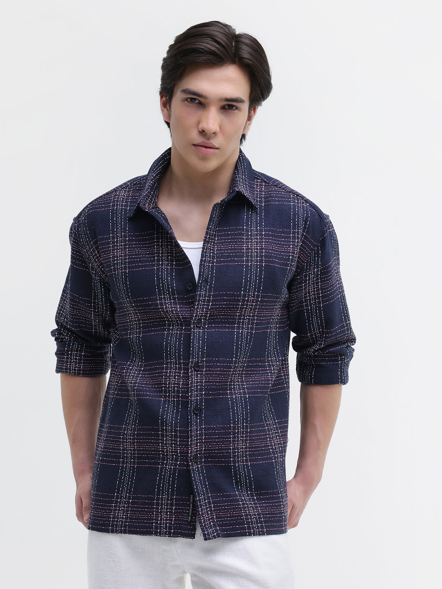 Men Navy Yarn Dyed Oversized Shirt