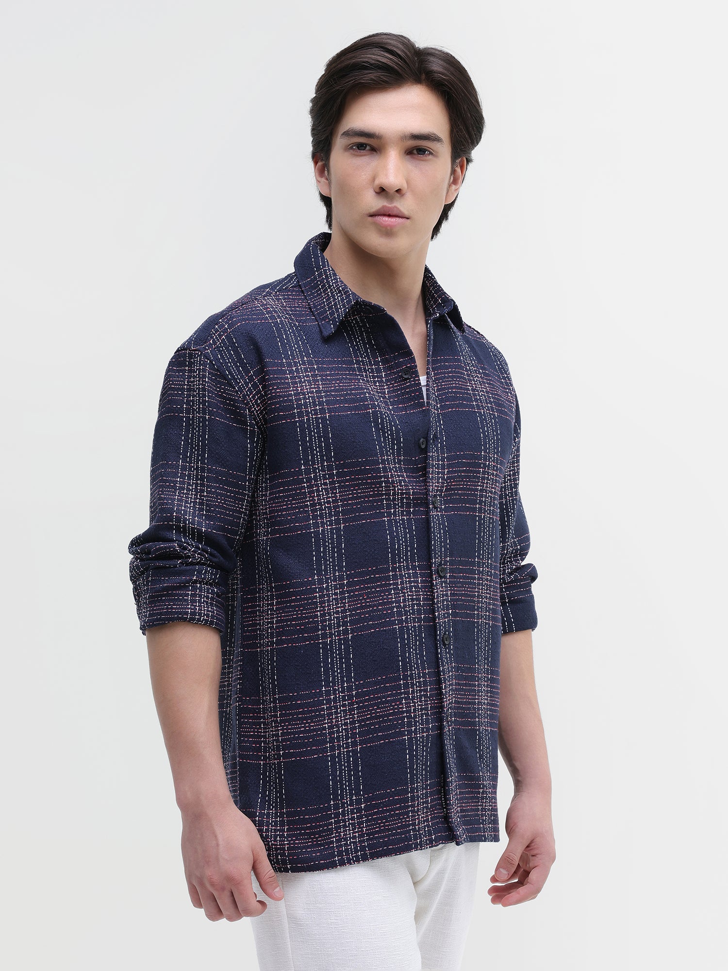 Men Navy Yarn Dyed Oversized Shirt