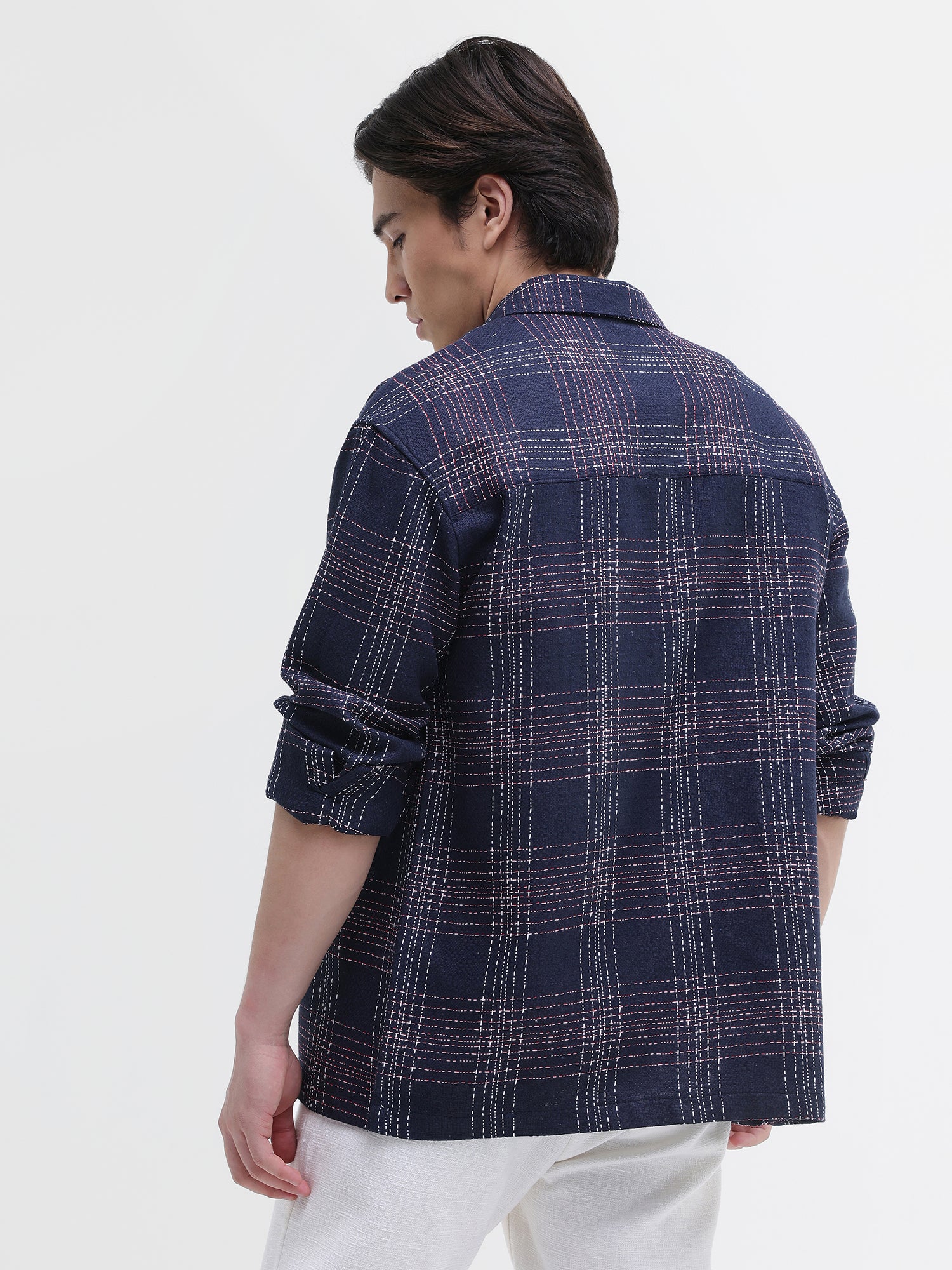 Men Navy Yarn Dyed Oversized Shirt
