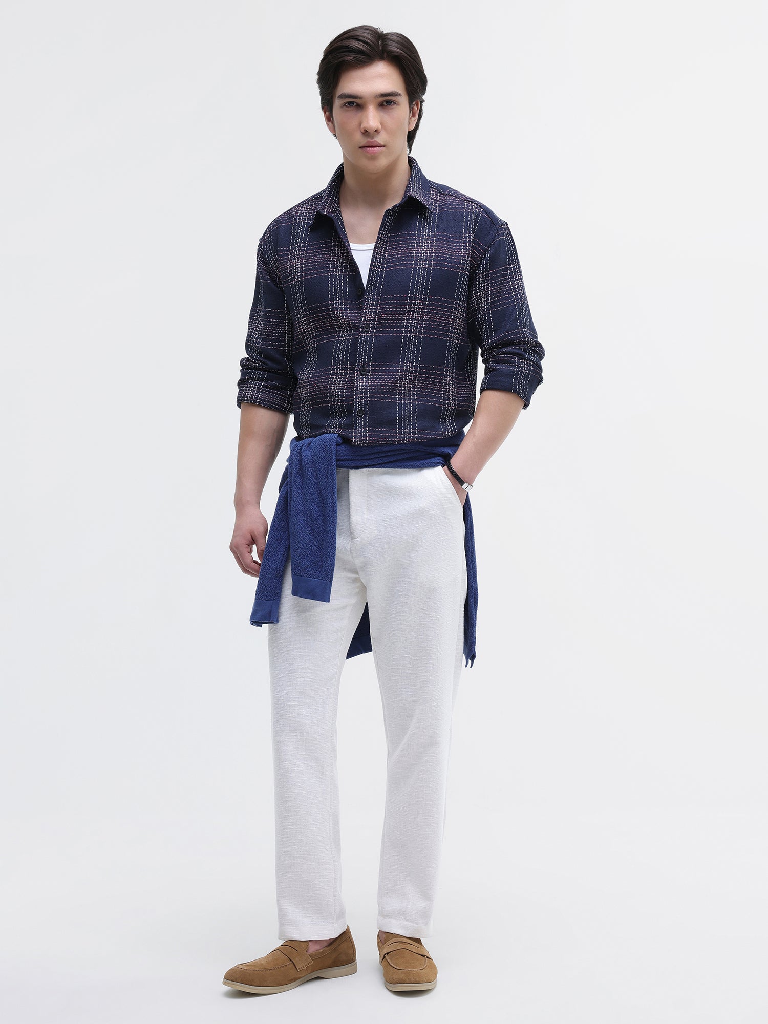 Men Navy Yarn Dyed Oversized Shirt