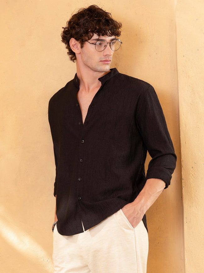 Men Black Crinkle Textured Shirt