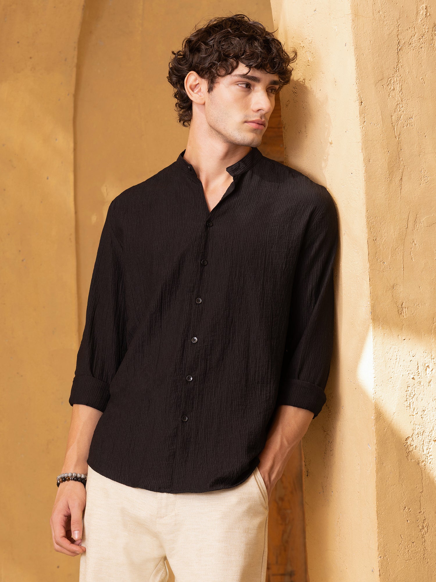 Men Black Crinkle Textured Shirt