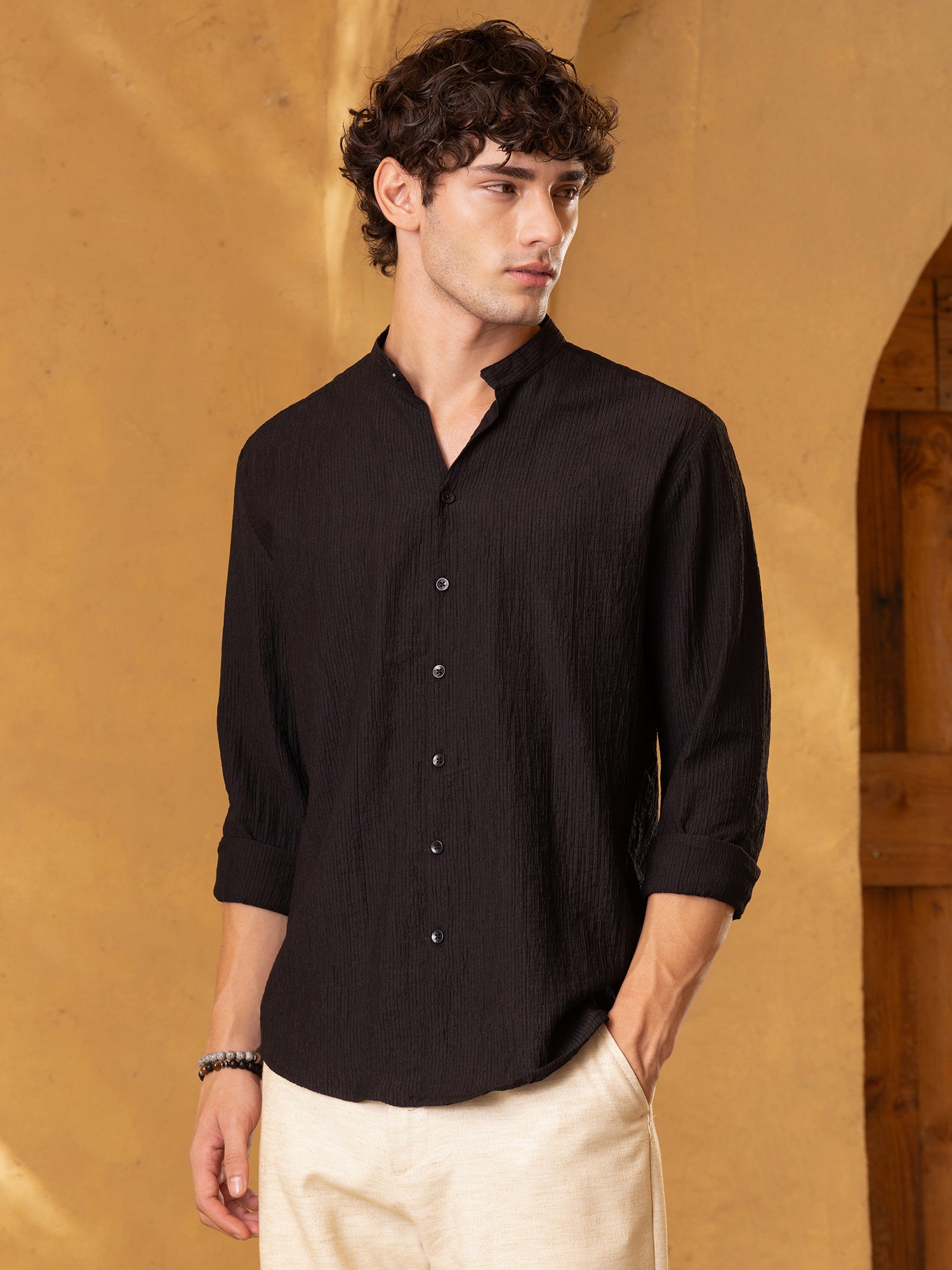 Men Black Crinkle Textured Shirt