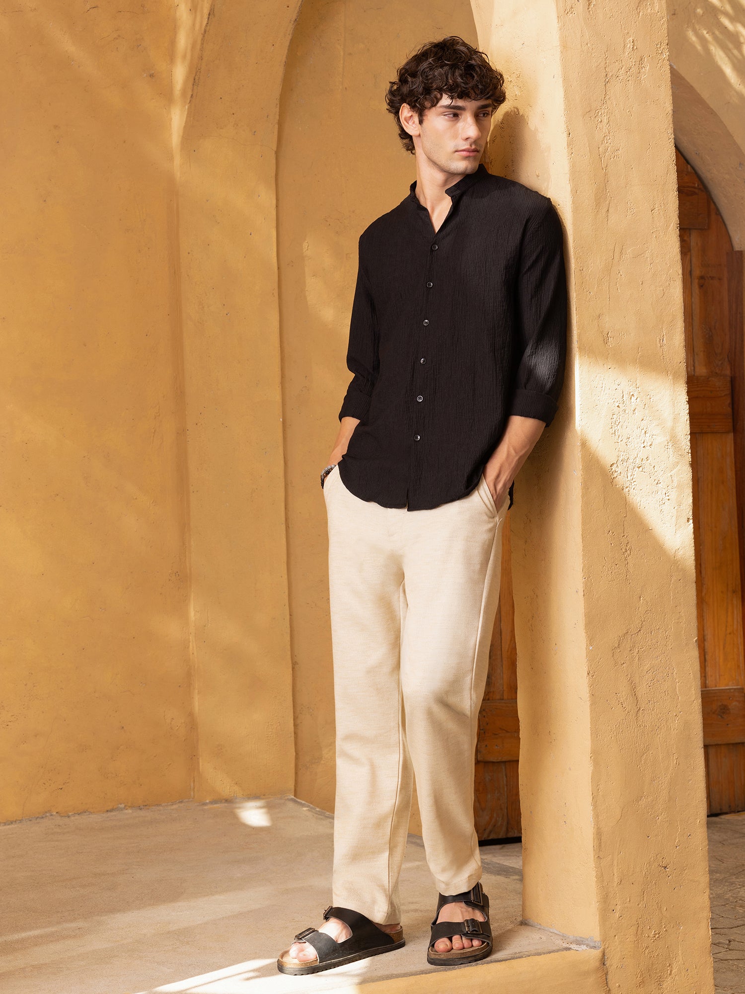 Men Black Crinkle Textured Shirt