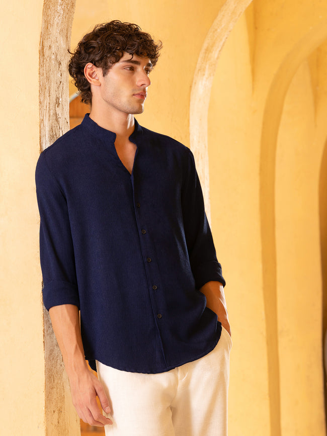 Men Navy Crinkle Shirt