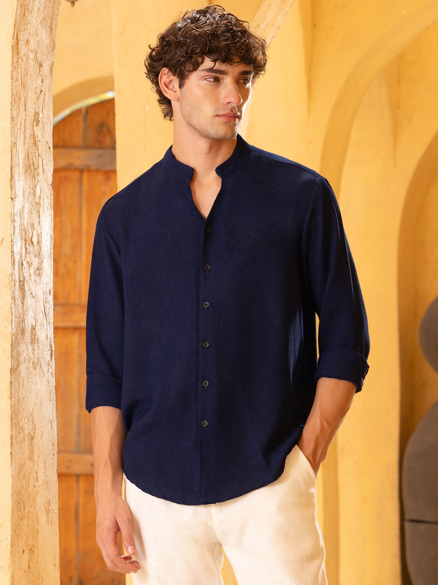 Men Navy Crinkle Shirt