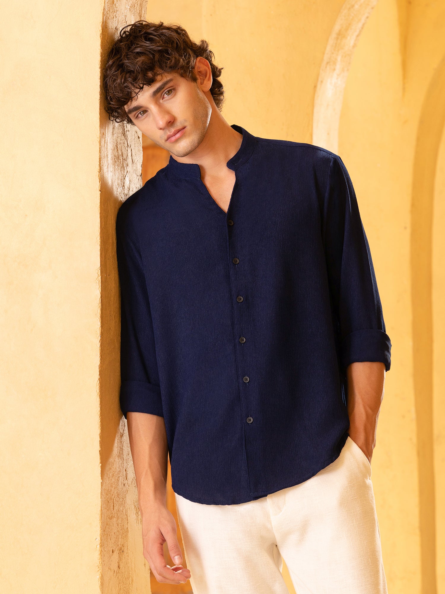 Men Navy Crinkle Shirt