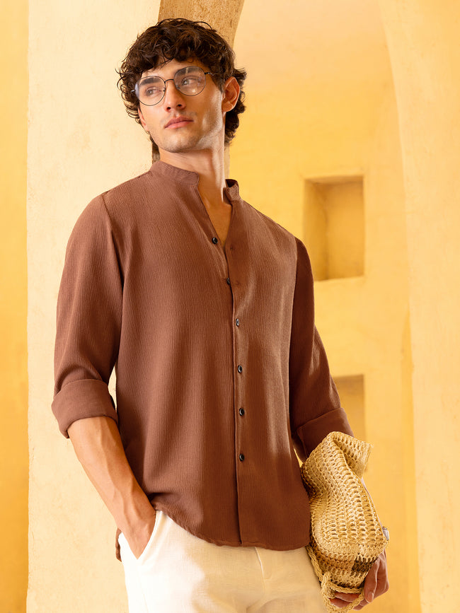 Men Brown Crinkle Textured Shirt