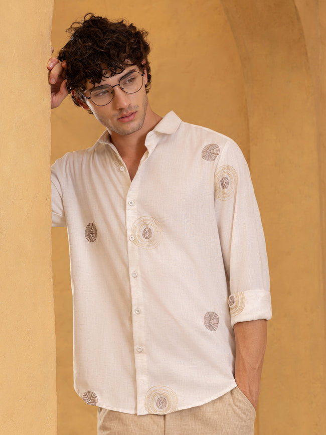 Men Off White All over Embroidered Shirt