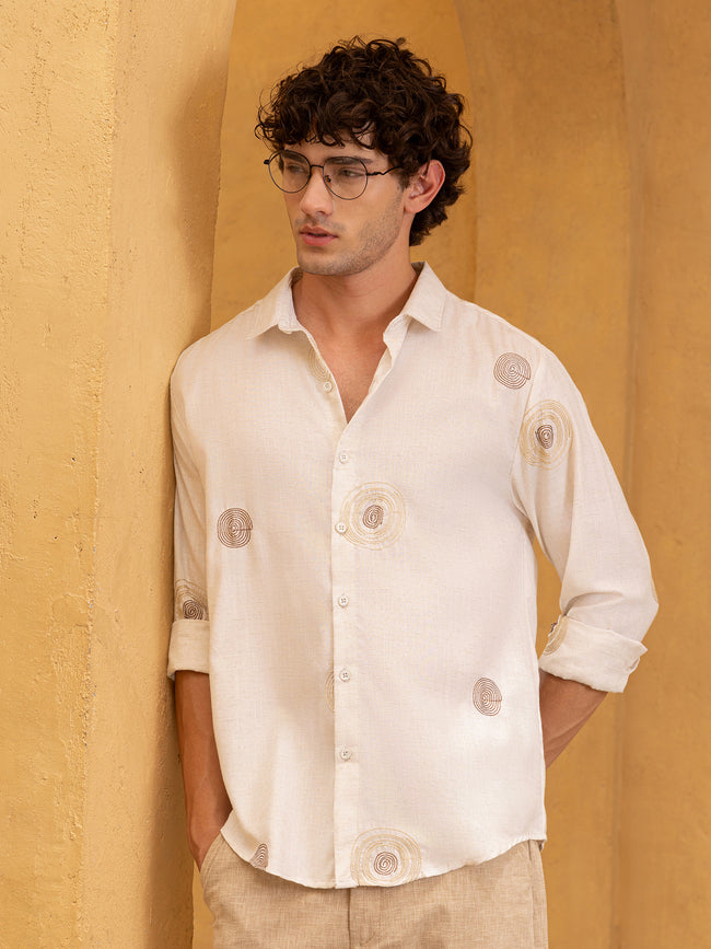 Men Off White All over Embroidered Shirt