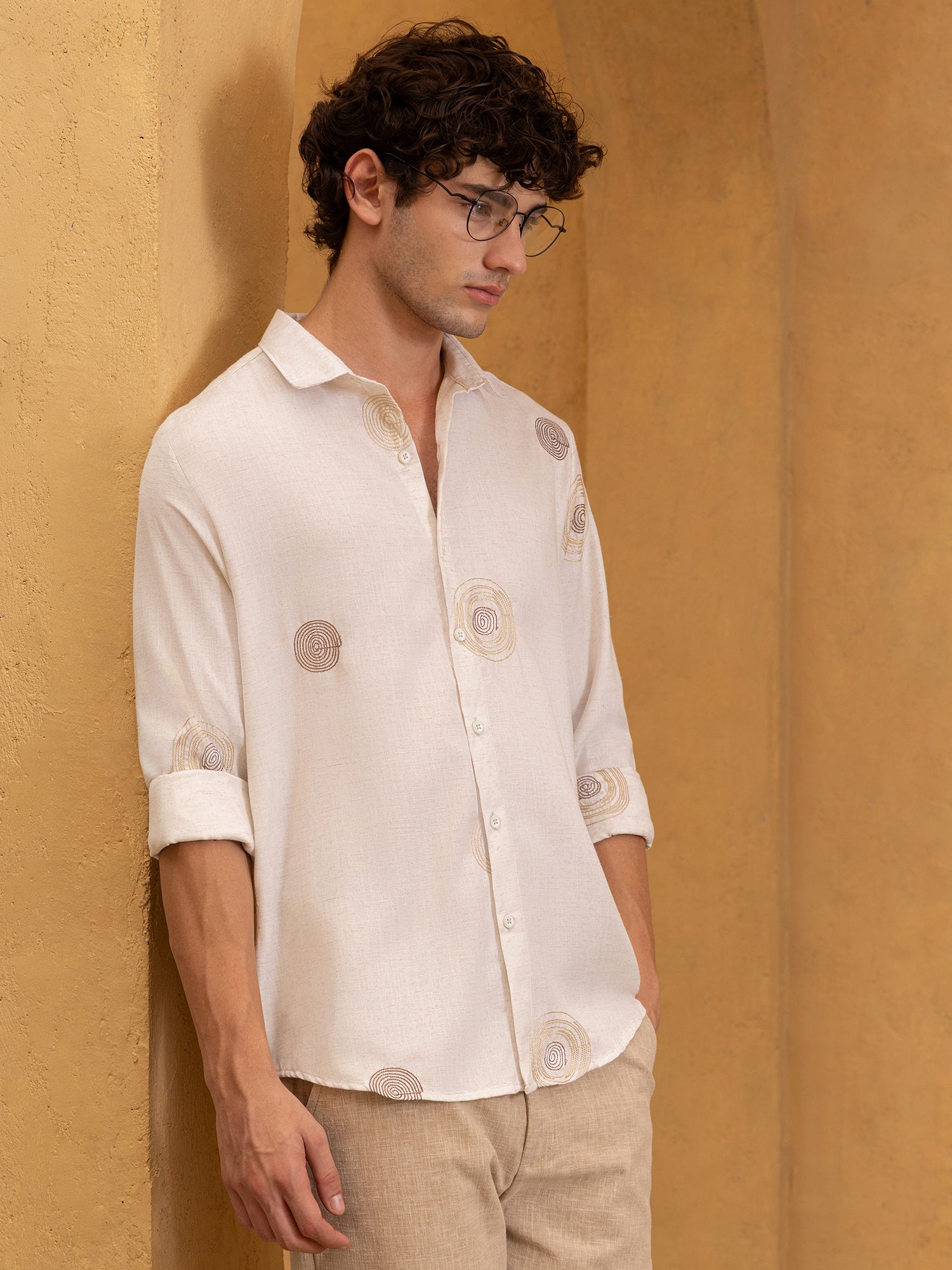 Men Off White All over Embroidered Shirt