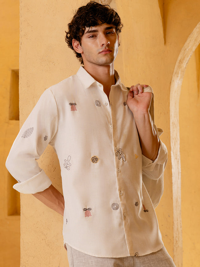 Men Off White Embroidered Shirt