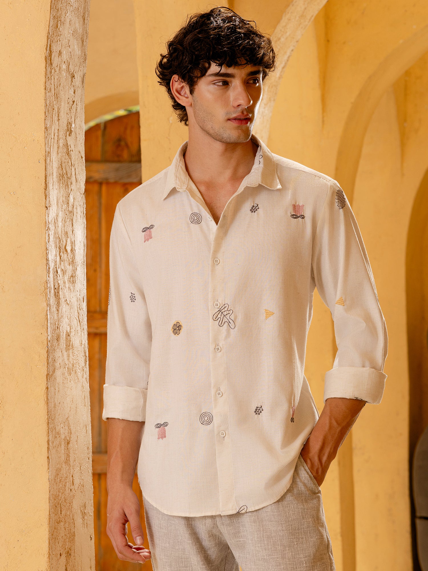 Men Off White Embroidered Shirt