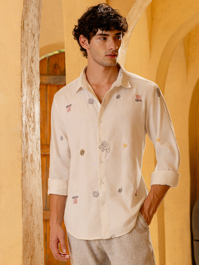 Men Off White Embroidered Shirt