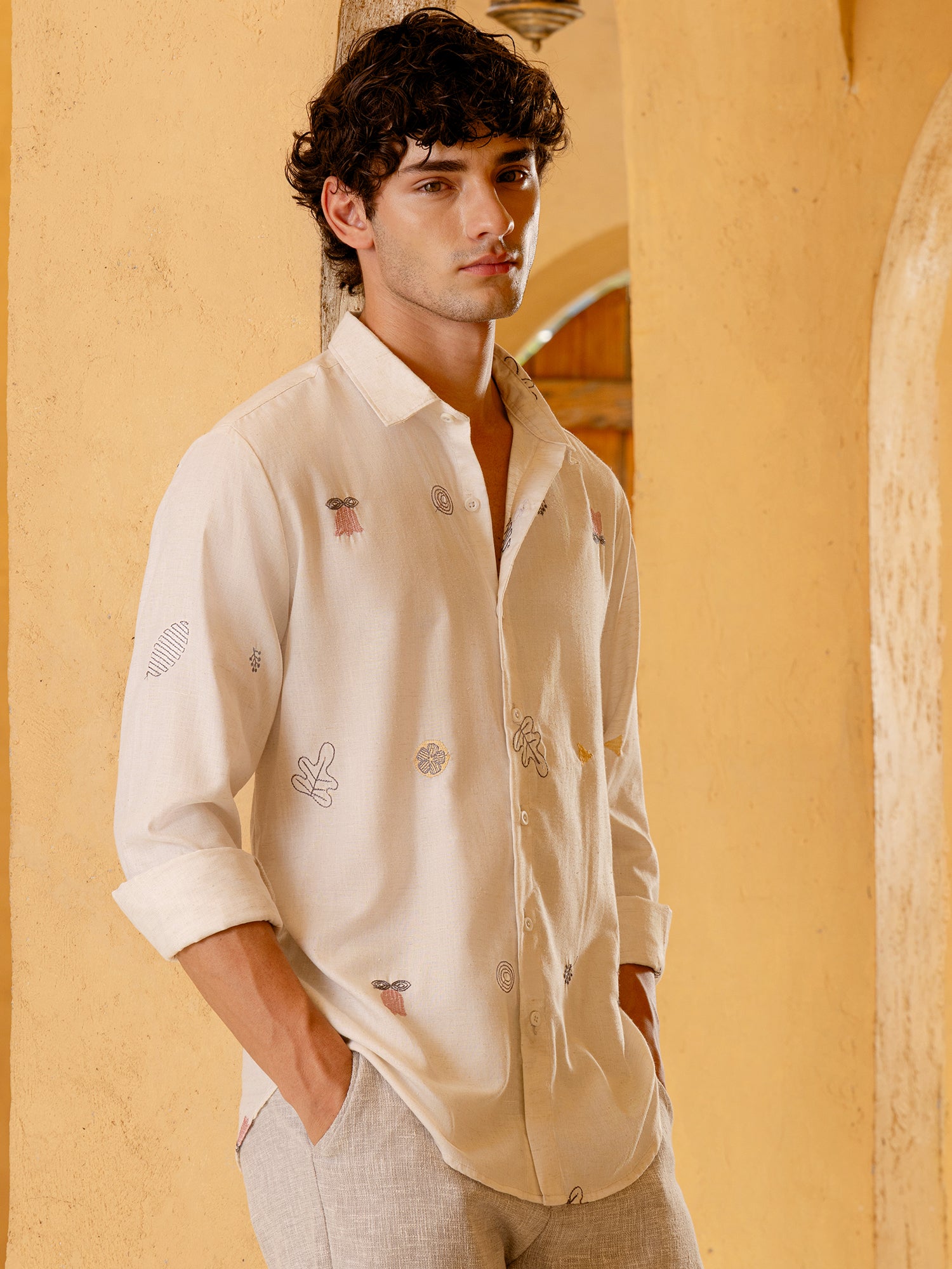 Men Off White Embroidered Shirt