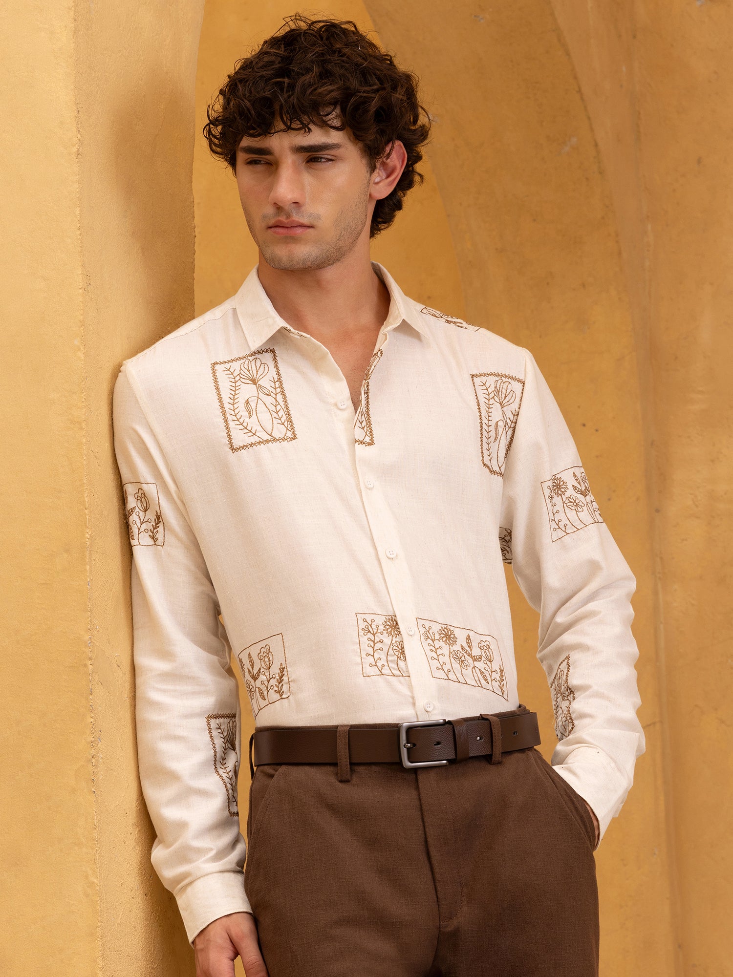 Men Off White Embroidered