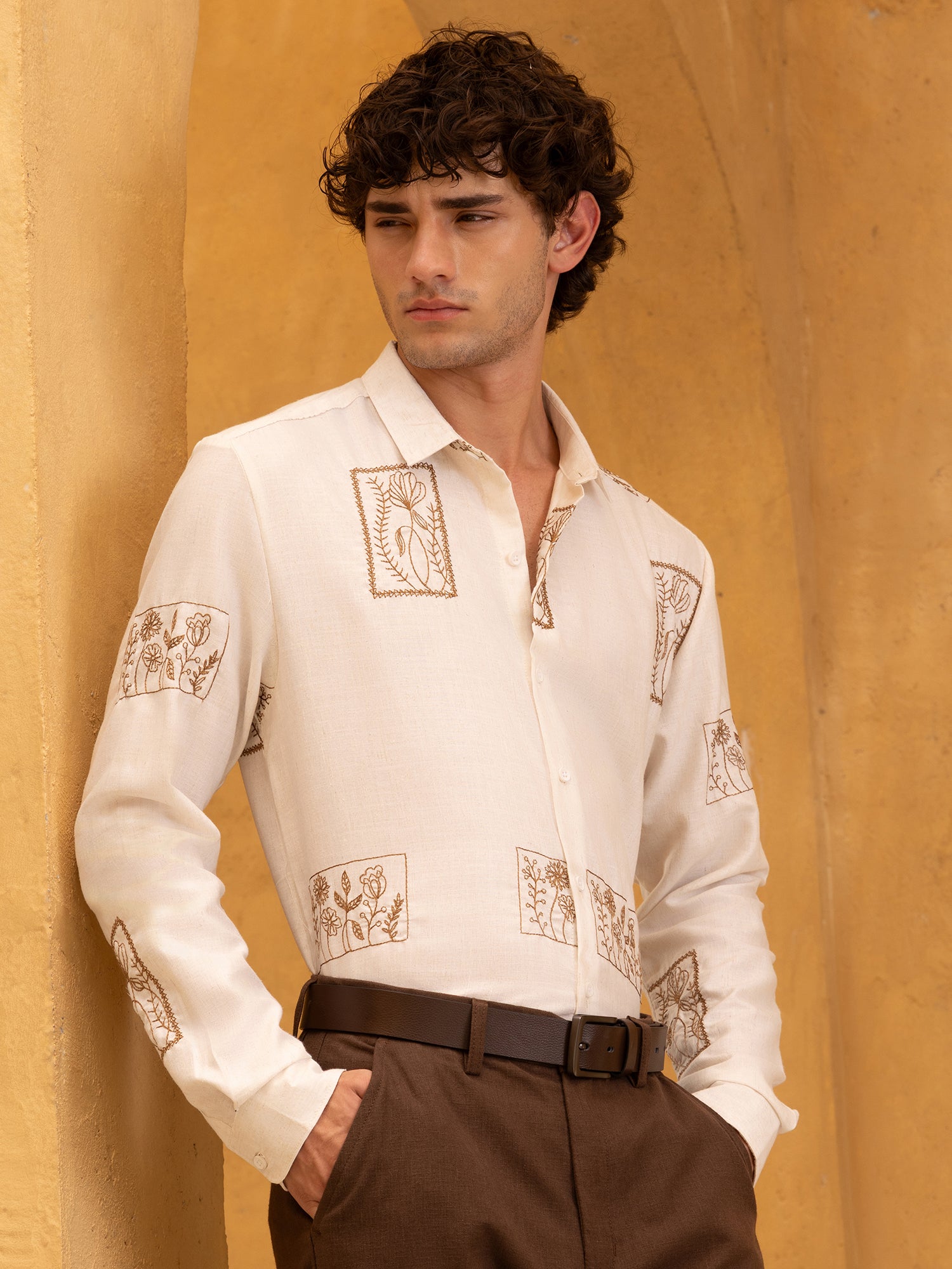 Men Off White Embroidered