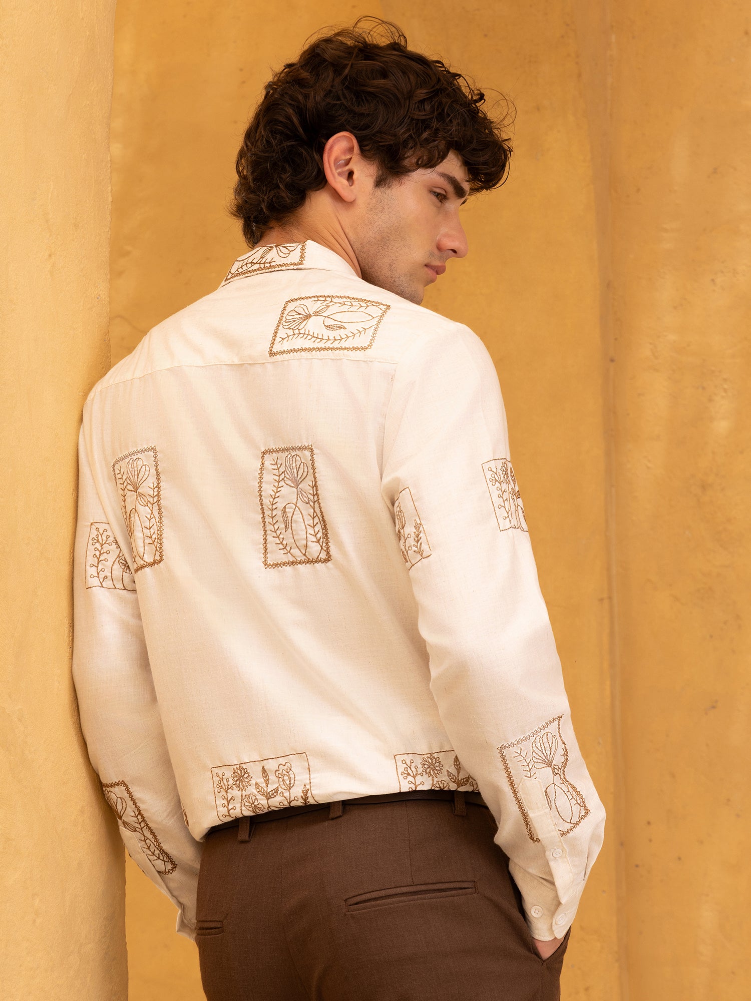 Men Off White Embroidered