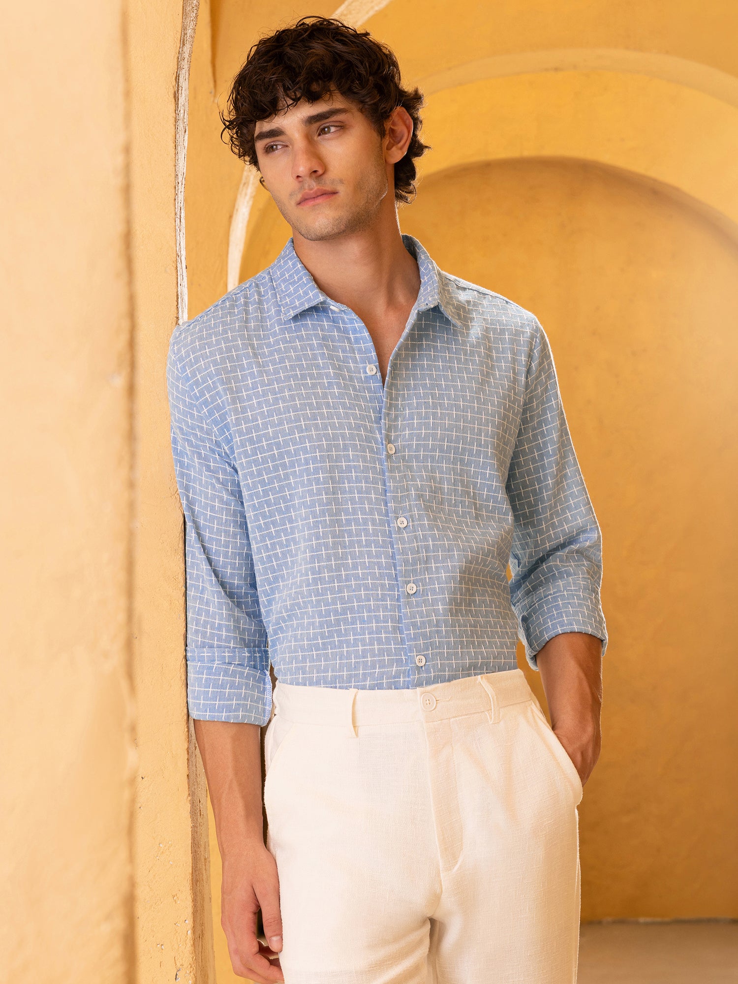 Men Blue Jacqurad Shirt