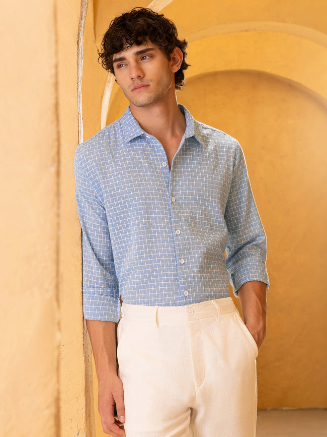 Men Blue Jacqurad Shirt