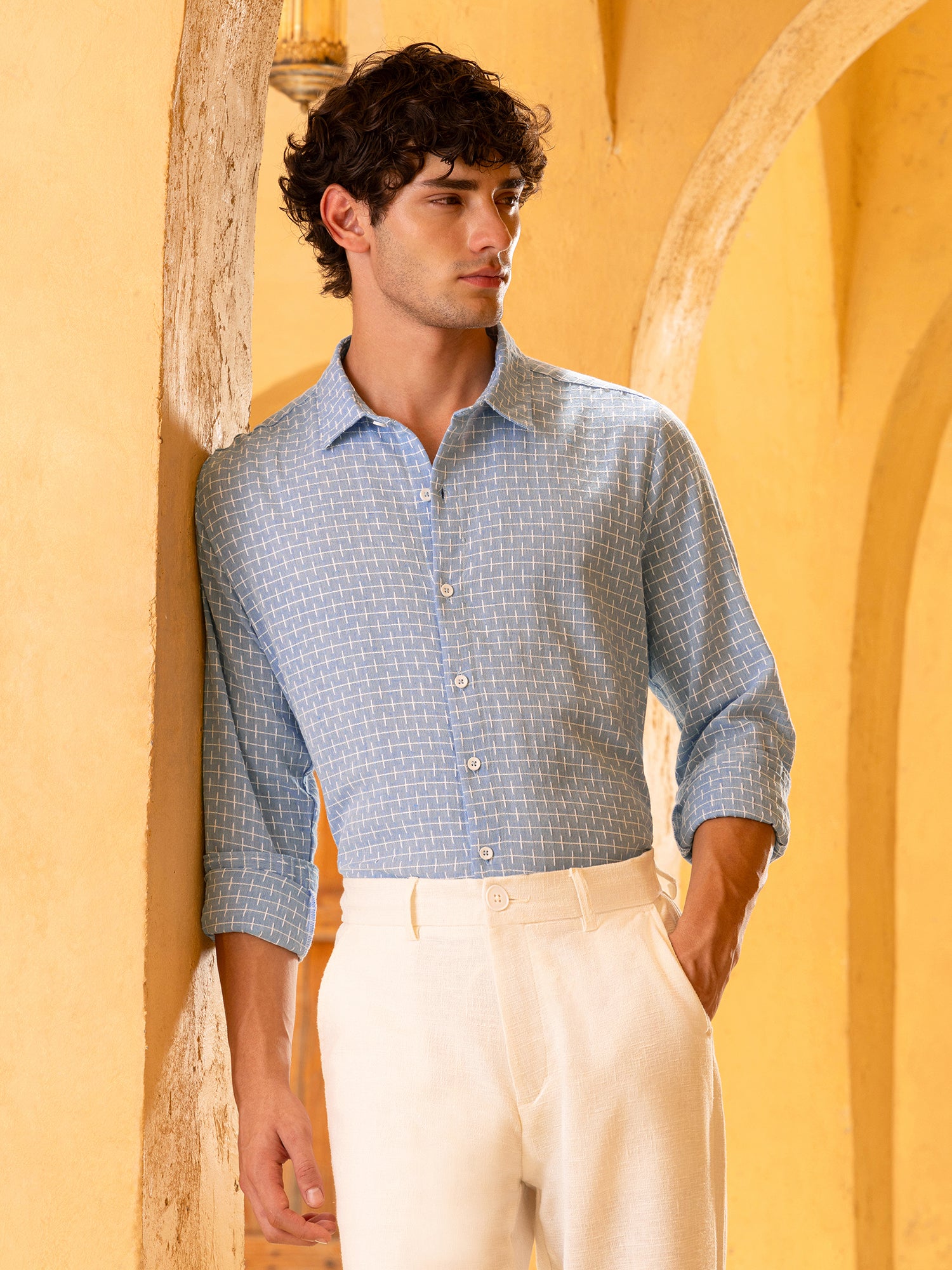 Men Blue Jacqurad Shirt