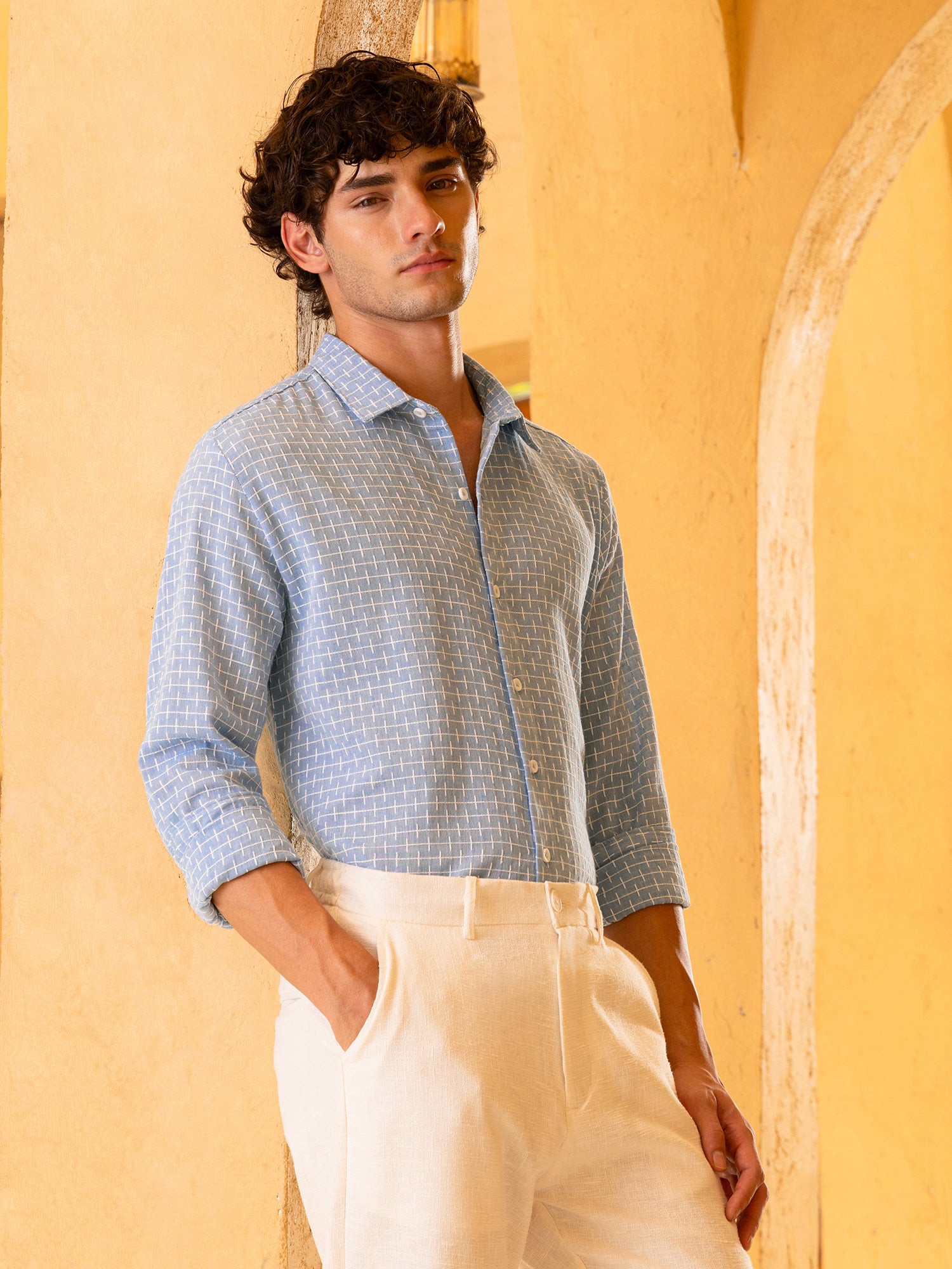 Men Blue Jacqurad Shirt