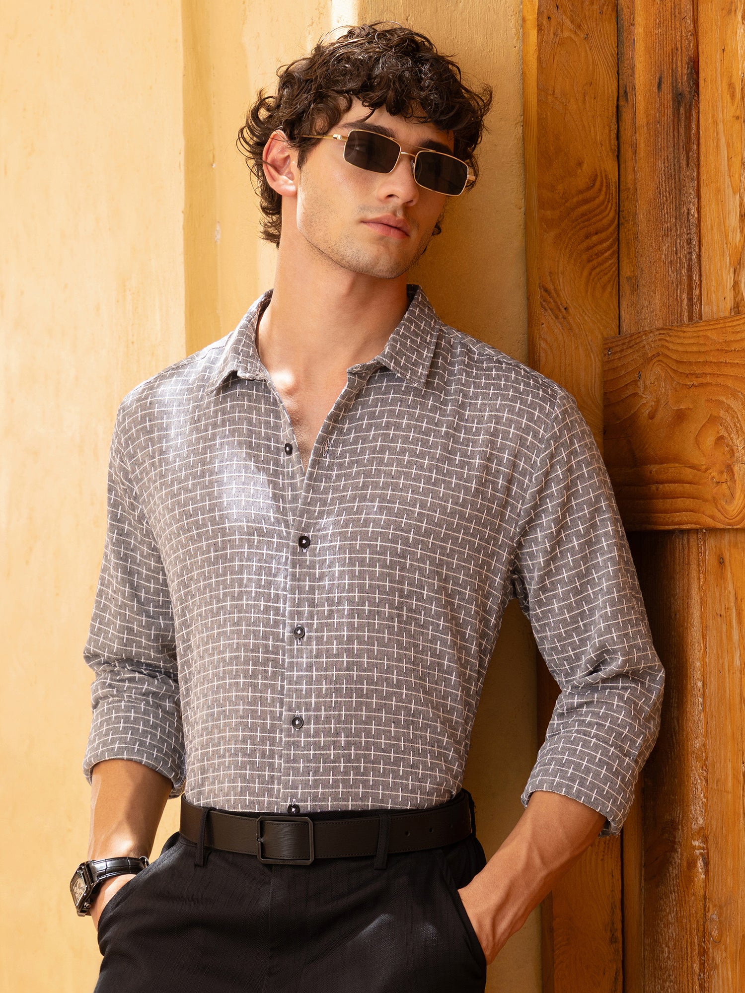 Men Grey Double Cloth Shirt