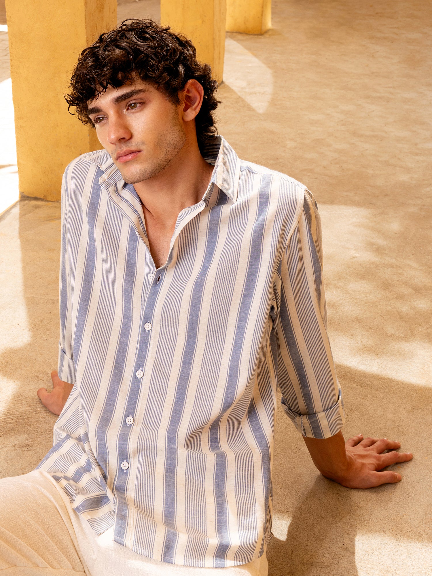 Men Blue Yarn Dyed Striped Shirt